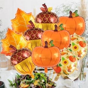 Detailed set of autumn harvest foil balloons featuring pumpkins acorns and maple leaves