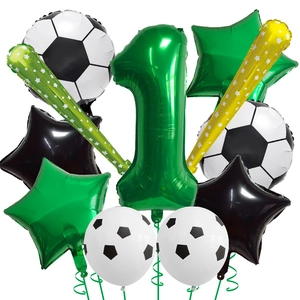 Soccer theme party set with green number one foil balloon and star football balloons