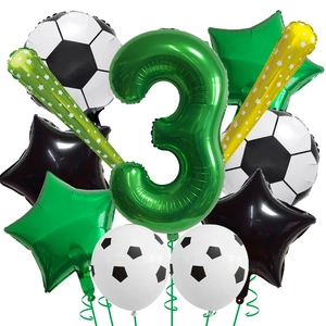 Soccer theme birthday balloon set with green number 3 and foil football decorations