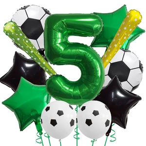 Detail of football party kit with green number 5 foil balloon and star shaped balloons