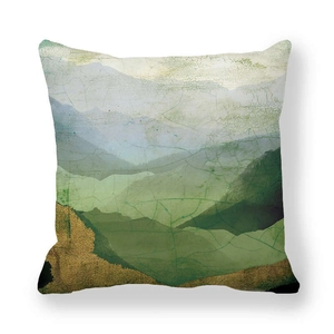 Detail of Nordic abstract landscape cushion cover with thick peach skin fabric and gold texture