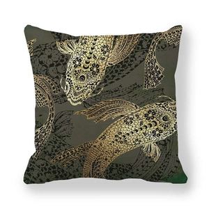 Detailed pattern of golden koi fish and floral motifs on green peach skin pillowcase