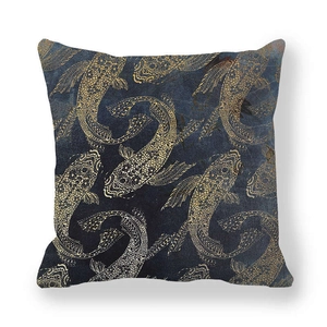 Close-up of golden koi fish print on navy blue peach skin fabric pillow cover