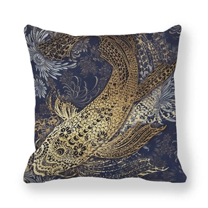 Detail of Nordic blue peach skin pillowcase with golden koi fish and chrysanthemum print