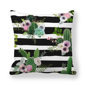 Detail of floral cactus illustration on black and white striped peach skin pillowcase