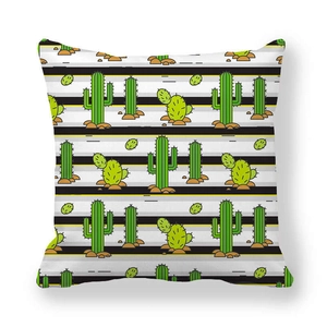 Close-up of striped peach skin pillowcase featuring cute cartoon cactus patterns
