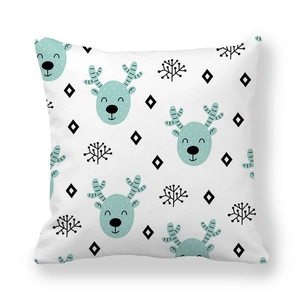 Cartoon reindeer and snowflake print cushion cover in minimalist Nordic style on white