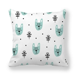 Detail of soft peach skin pillowcase with Nordic cartoon rabbit and floral pattern