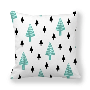 Close-up of peach skin fabric pillowcase with teal and black Nordic pine tree pattern