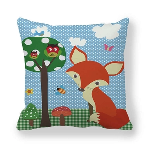 Cartoon Fuchs und Eule Waldthema quadratischer Kissenbezug mit blauen Punkten