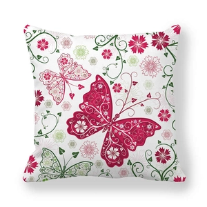 Housse de coussin carrée avec motifs de papillons et fleurs sur fond blanc pur