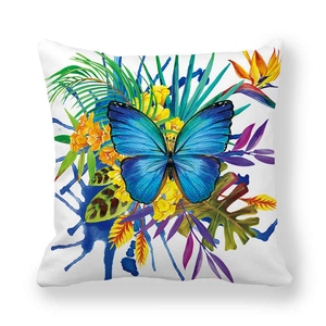 Housse de coussin blanche avec papillon, lys tropicaux et motif d'oiseau de paradis