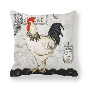 Detail of poultry rooster print on thick peach skin fabric square pillowcase
