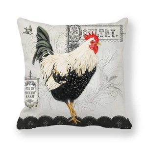 Close-up of peach skin fabric pillowcase featuring vintage rooster farm poultry illustration