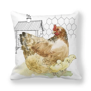Detailed close-up of watercolor chicken and chicks print on thick peach skin pillowcase