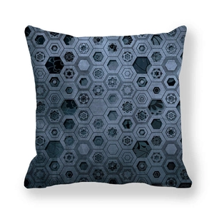 Macro detail of geometric hexagonal pattern on navy peach skin pillowcase fabric