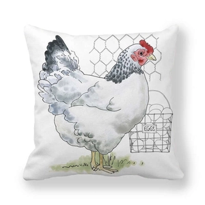 Detail of watercolor chicken print on peach skin pillowcase with rustic farm motifs