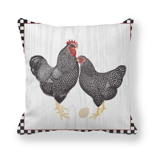 Detailed close-up of thick peach skin fabric texture with chicken and egg farm print