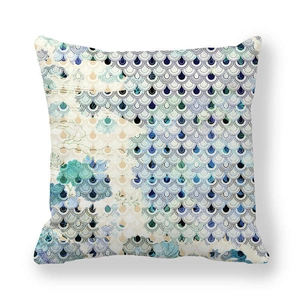 Blue geometric fish scale pattern throw pillow case in peach skin fabric with white background
