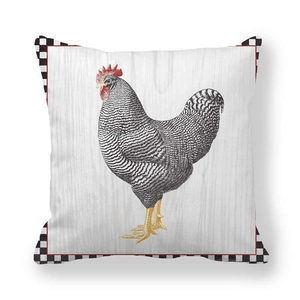 Macro detail of rooster pillow cover with farmhouse checkered border and wood grain print