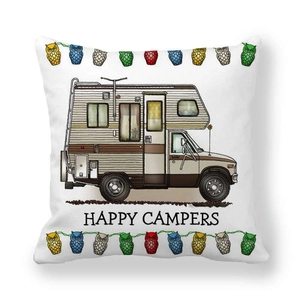 Funda de cojín caravana de dibujos animados con texto Happy Campers y búhos de colores