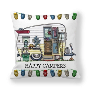 Funda de cojín de piel de melocotón con caravana vintage y lema Happy Campers