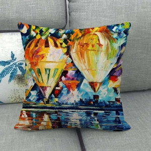Detail of square linen pillowcase with colorful hot air balloon oil painting print