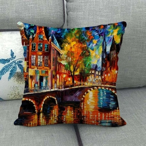 Detailed texture of linen cushion cover with colorful oil painting city streetscape art