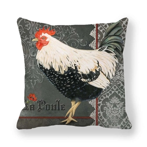 Square peach skin pillowcase featuring a vintage rooster design and La Poule script
