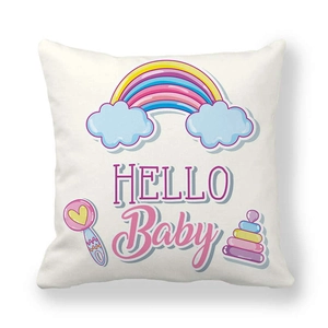 Close-up of square peach skin pillowcase featuring rainbow and HELLO Baby cartoon pattern