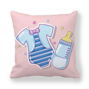 Close-up of peach skin fabric square pillowcase with cute baby romper and bottle print