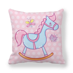 Detail of cartoon rocking horse pattern on square peach skin pillowcase with polka dots