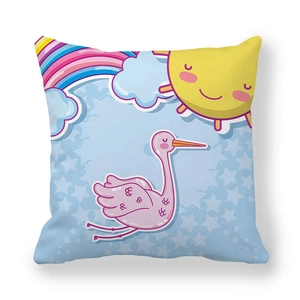 Detail of square peach skin pillowcase featuring cartoon stork, rainbow, and sun pattern