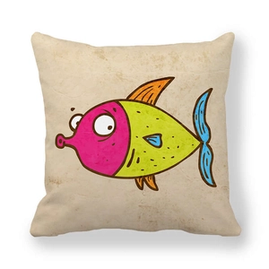 Square peach skin pillowcase with a vibrant cartoon fish print on beige textured fabric