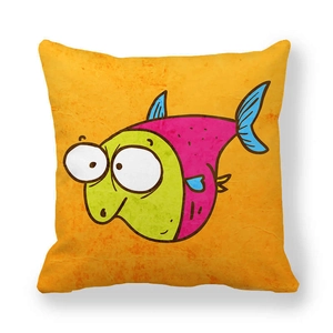 Square orange pillowcase featuring a colorful cartoon fish design in high-density peach skin