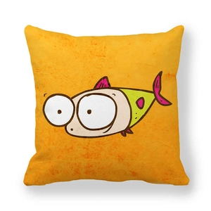 Detail of cartoon fish print on a yellow peach skin fabric square cushion cover