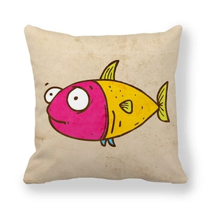Detail of cartoon fish pattern on peach skin pillowcase with vibrant colors and soft texture