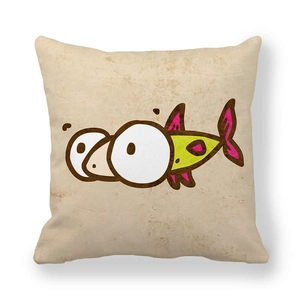 Detail of cartoon fish pattern and peach skin fabric texture on square pillowcase