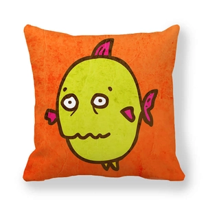 Detail of cartoon green fish illustration on orange peach skin fabric square pillowcase