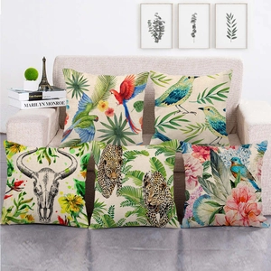 Linen Cushion Cover Tropical Animal Floral Print Square Decorative Pillowcase For Sofa Living Room Home Decor