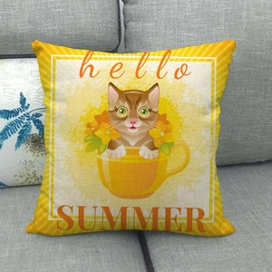 Detailed texture of linen throw pillow featuring a cat in a teacup and Hello Summer text
