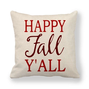 Close-up of linen pillow cover texture with HAPPY Fall Y'ALL autumn pumpkin design