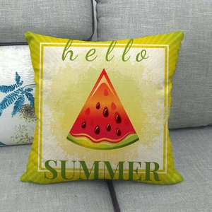 Detailed texture of linen cushion cover with watermelon print and Summer text