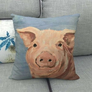 Detailed close-up of decorative square pillow case with a cute oil painting pig pattern