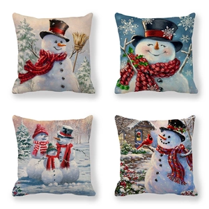 Vierer-Set Weihnachts-Schneemann-Kissenbezüge aus Leinen mit festlichen Wintermotiven