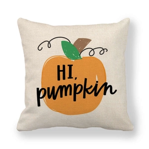 Macro detail of high-quality linen texture with orange pumpkin print and Hi Pumpkin text