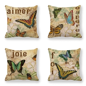 Lot de 4 housses de coussin en lin vintage avec motifs papillons et lettrage français
