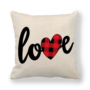 Housse de coussin en lin avec texte Love et cœur à carreaux rouges et noirs