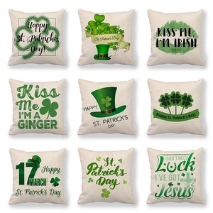 Set of 9 St. Patrick's Day linen pillow covers with green shamrock and clover designs
