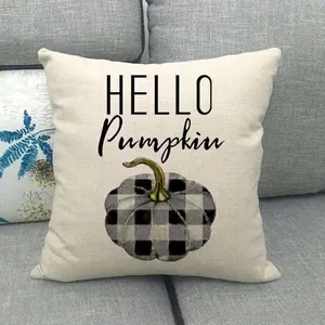 Federa per cuscino in lino Halloween con stampa zucca a scacchi e testo Hello Pumpkin